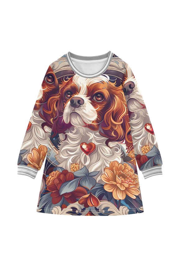 Cavalier King Charles Dog Girls'long-sleeved dress Thickened A-dress Warm Dress Basic Shirt Party Dresses