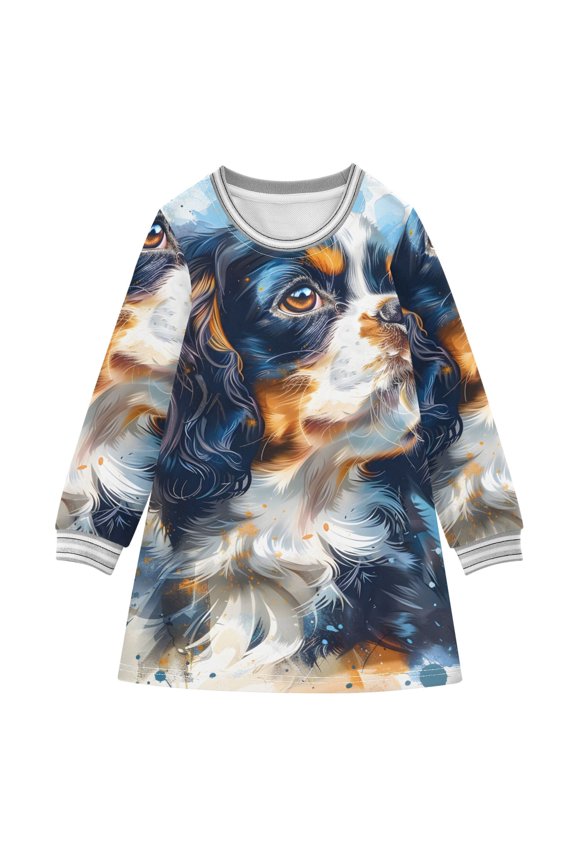 Cavalier King Charles Dog Girls'long-sleeved dress Thickened A-dress Warm Dress Basic Shirt Party Dresses