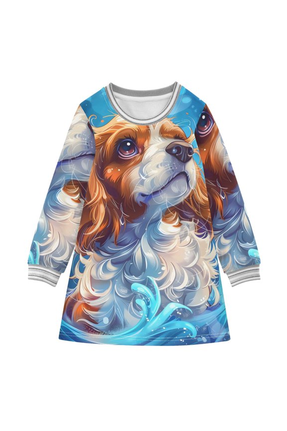 Cavalier King Charles Dog Girls'long-sleeved dress Thickened A-dress Warm Dress Basic Shirt Party Dresses