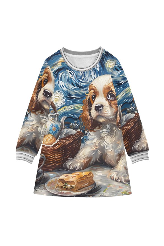 Cavalier King Charles Dog Girls'long-sleeved dress Thickened A-dress Warm Dress Basic Shirt Party Dresses