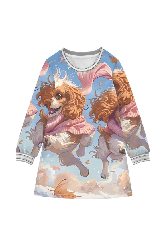 Cavalier King Charles Dogs Girls'long-sleeved dress Thickened A-dress Warm Dress Basic Shirt Party Dresses