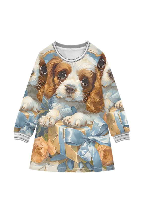Cavalier King Charles Dogs Girls'long-sleeved dress Thickened A-dress Warm Dress Basic Shirt Party Dresses