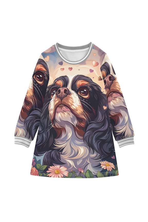 Cavalier King Charles Dogs Girls'long-sleeved dress Thickened A-dress Warm Dress Basic Shirt Party Dresses