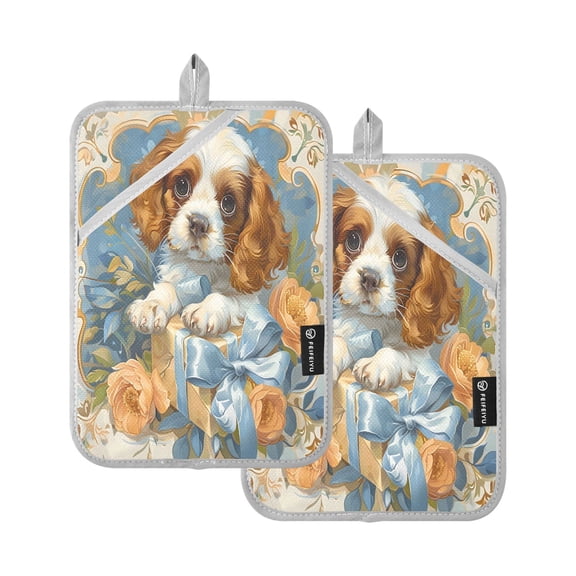 Cavalier King Charles Dogs Pot Holder Set 2 Piece Non-Slip Oven Hot Pads Heat Resistant Durable 7x9.8in