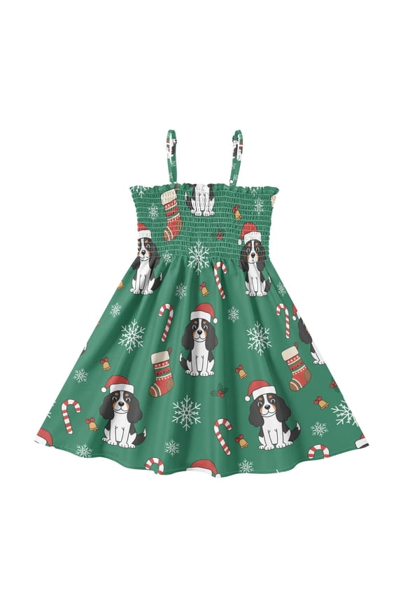 Cavalier King Charles Pattern Girls' Casual Dresses 2Y-8Y Sleeveless Ruffle Neck for Summer Daily Wear