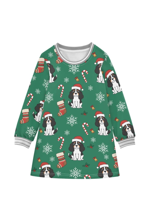 Cavalier King Charles Pattern Girls'long-sleeved dress Thickened A-dress Warm Dress Basic Shirt Party Dresses