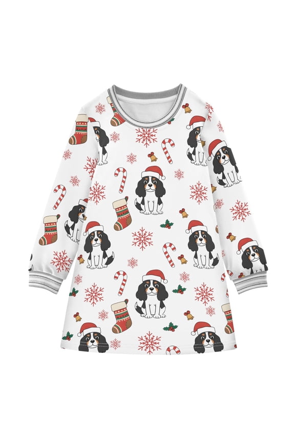 Cavalier King Charles Pattern Girls'long-sleeved dress Thickened A-dress Warm Dress Basic Shirt Party Dresses