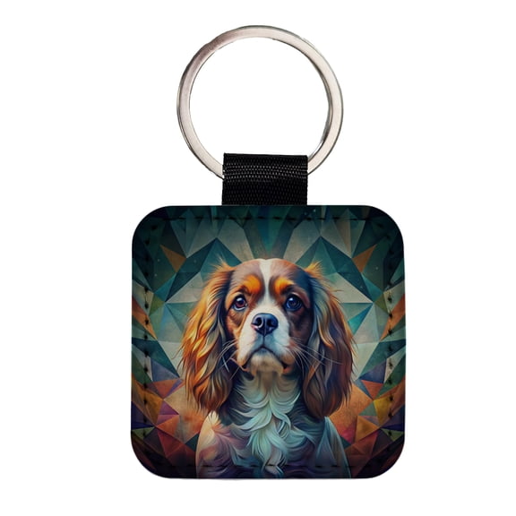 Cavalier King Charles Spaniel Abstract Stylized Art Faux Leather Square Keychain