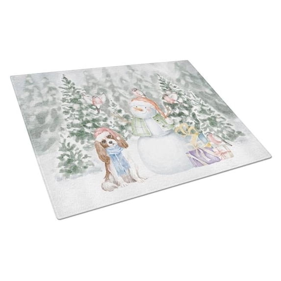 Cavalier King Charles Spaniel Blenheim with Christmas Presents Glass Cutting Board Large 12 in x 15 in