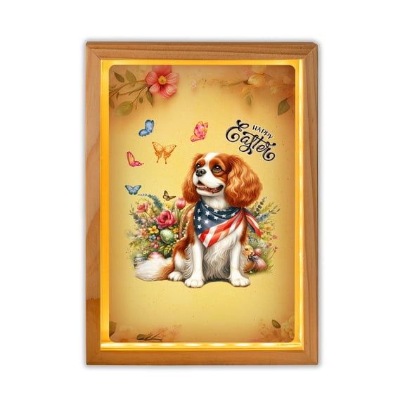 Cavalier King Charles Spaniel Celebrates Spring and Happy Easter Acrylic Plaque with Wood Photo Frame Box Dog Lover Gifts Light Box - 02001