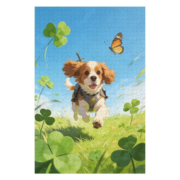 Cavalier King Charles Spaniel Clover Grass Butterfly 1000 Piece Jigsaw Puzzle Cute Artwork of a Cavalier in a Serene Meadow Setting with Clover and Butterfly, Breed-Specific Nature Scene