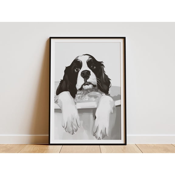Cavalier King Charles Spaniel Dog Art Print Spaniel in Bathtub Poster Black and White Dog Wall Decor Modern Pet Portrait Canine Lover Gift - Poster Unframed