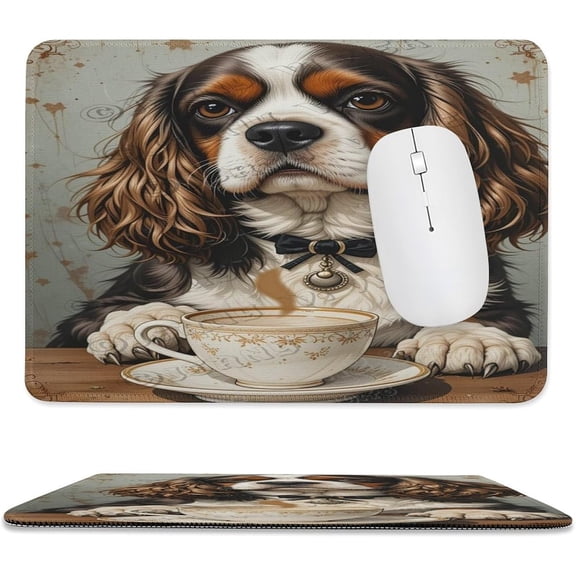 Cavalier King Charles Spaniel Dog Decor Coffee Mouse Pad 8x10 in with Stitched Edge, Non-Slip Rubber Base Desk Mouse Pad, Adorable Spaniel Puppy and Coffee Illustration for Computer Desk