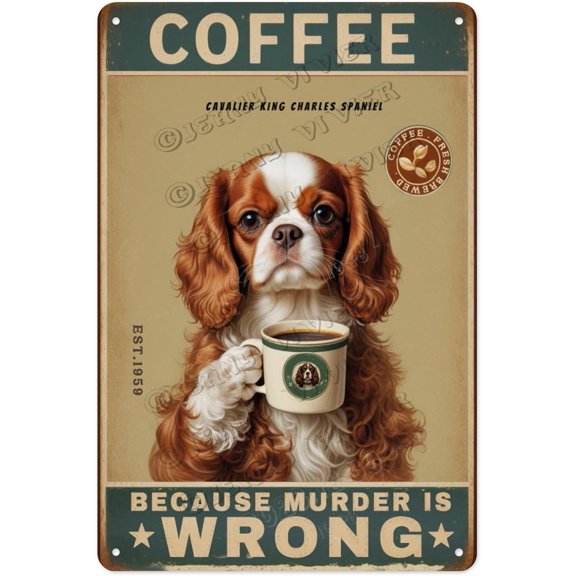 Cavalier King Charles Spaniel Dog Decor Coffee Vintage Aluminum Sign 12x16 Inches - Dog Lovers Coffee Sign, Rustic Farmhouse Kitchen Metal Decor