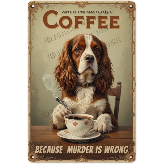 Cavalier King Charles Spaniel Dog Decor Coffee Vintage Aluminum Sign 12x16 Inches - Perfect Kitchen Decor for Dog Lovers, Charming Coffee-Themed Metal Sign