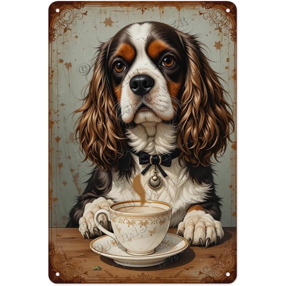 Cavalier King Charles Spaniel Dog Decor Coffee Vintage Aluminum Sign 12x16 Inches - Rustic Farmhouse Coffee Sign, Gift for Dog Lovers Who Love Coffee