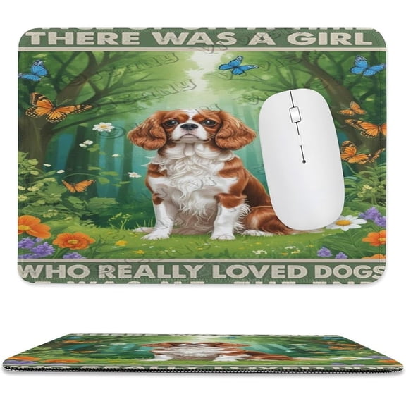 Cavalier King Charles Spaniel Dog Decor Spring Mouse Pad 8x10 in with Stitched Edge, Non-Slip Rubber Base Desk Mouse Pad, Adorable Spaniel Puppy and Spring Flowers Artwork for Computer Desk
