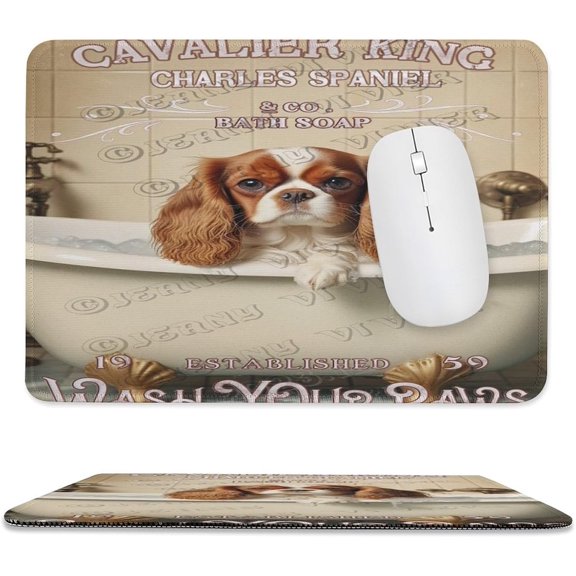 Cavalier King Charles Spaniel Dog Decor Wash Your Paws Mouse Pad 8x10 in Size, Stitched Edges Computer Mouse Pad with Smooth Cloth Surface, Spaniel Puppy Artwork for Office Desk Accessories