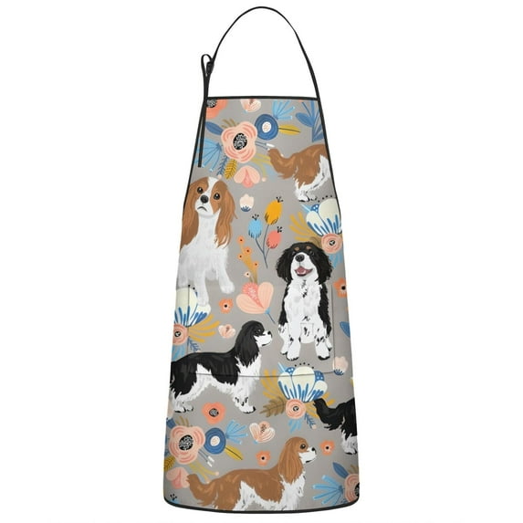 Cavalier King Charles Spaniel Dog Flower Apron-Garden Aprons for Women with Pockets-Cotton Linen Waterproof Kitchen Cooking Gardening Aprons Adjustable for Kitchen,Cooking,BBQ and Salon 33x27 Inch