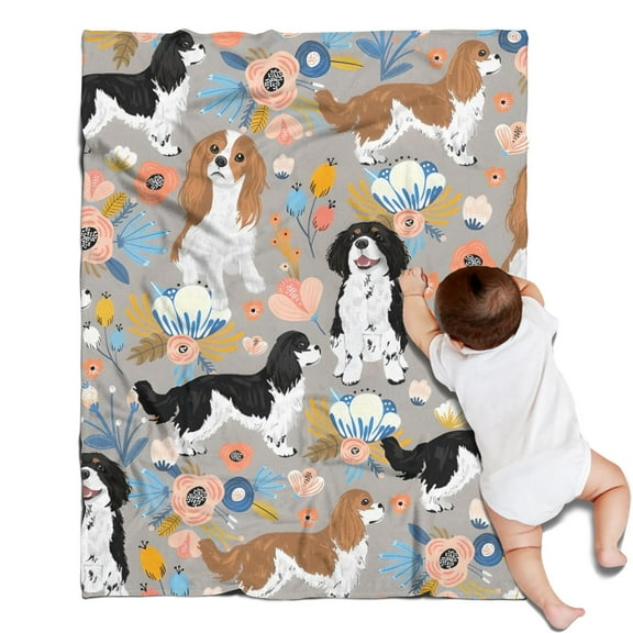 Cavalier King Charles Spaniel Dog and Flower Blanket,Comfortable Soft Flannel Throw Blanket,All Season,Warm Lightweight Blankets for Sofa Bed Couch Living Room Chair,30"x40"