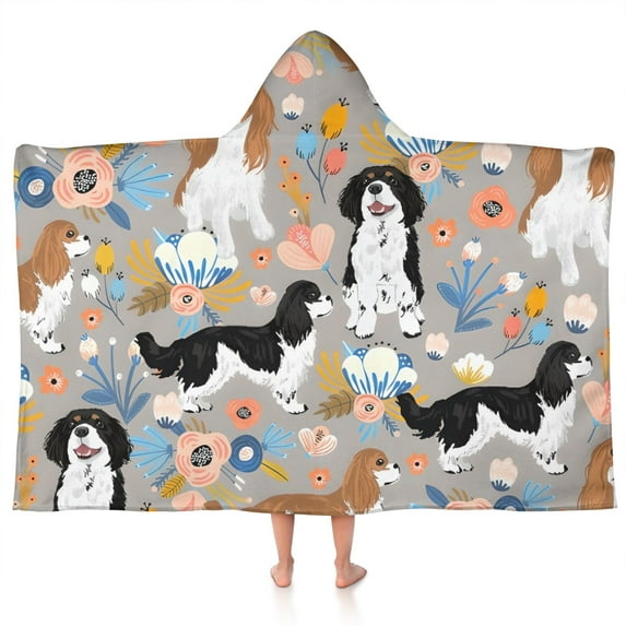 Cavalier King Charles Spaniel Dog and Flower Hooded Bath Towel,50"x30" for Ages 3 To 12 Kids, Quick Dry Lightweight Soft Microfiber Hood Beach Towel Cover Up for Kids