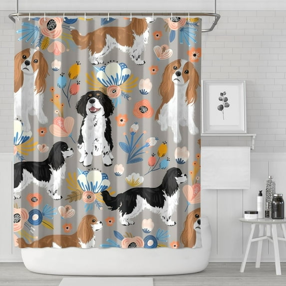 Cavalier King Charles Spaniel Dog and Flower Shower Curtain 84"x72" ,Bathroom Decorative Shower Curtains Set with 12 Hooks,Modern Waterproof Washable Shower Curtain