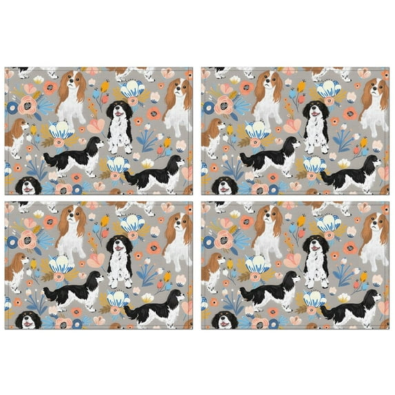 Cavalier King Charles Spaniel Dog and Flower Summer Placemats Table Placemats Set Of 4-Linen Kitchen Washable Placemats Table Mats 11.8"x17.7"Non-Slip Heat Resistant