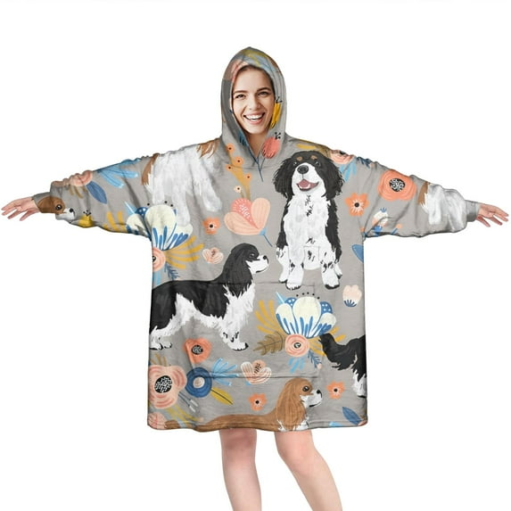 Cavalier King Charles Spaniel Dog and Flower Wearable Oversized Blanket,Wearable Blanket Hoodie for Adults,Cozy Hooded Blankets with Super Pockets,Super Warm Fuzzy Pullover for Women & Men