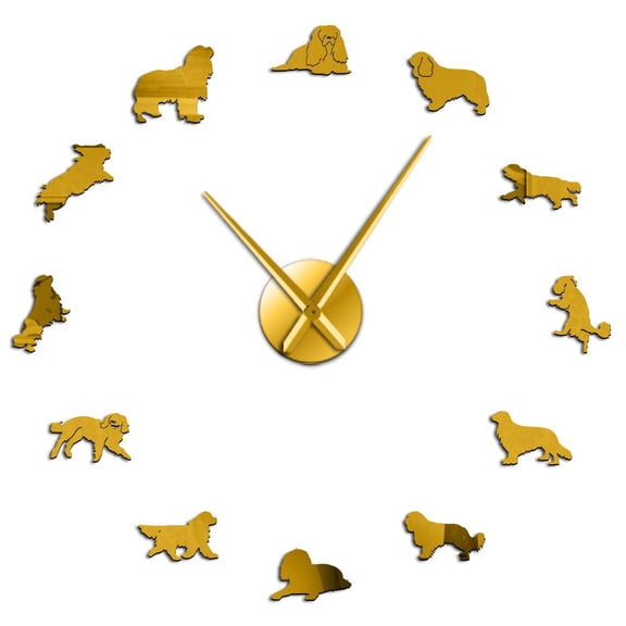 Cavalier King Charles Spaniel Dog Frameless Wall Clock Stickers, DIY Modern Decorative Clocks for Living Room, Bedroom, Office - Easy to Install, Large 3D Clock Design (Gold,27in)
