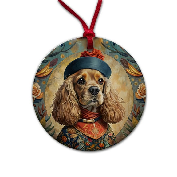 Cavalier King Charles Spaniel Dog French Bohemian Art Christmas Tree Holiday Round Ceramic Ornament