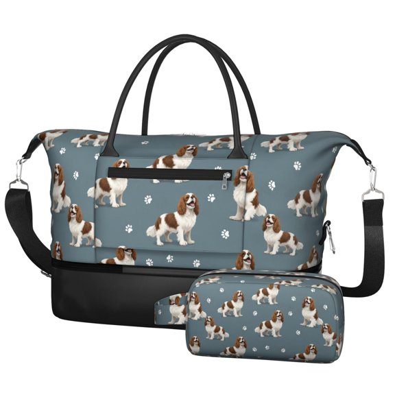 Cavalier King Charles Spaniel and Dog Paw 2 Piece Travel Bag Set, Overnight Duffle Bag with Shoe Compartment, Waterproof Oxford Gift Ideas for Work Picnic Beach Travel