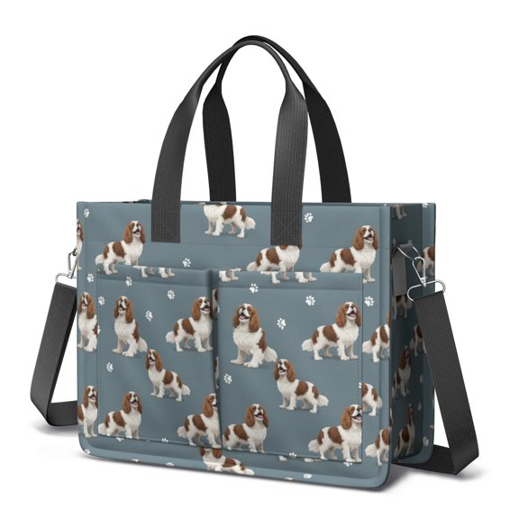Cavalier King Charles Spaniel and Dog Paw Canvas Messenger Tote Bag, Work Tote with Multi Pockets & Removable Strap, Magnetic Closure Gifts for Work Travel Shopping