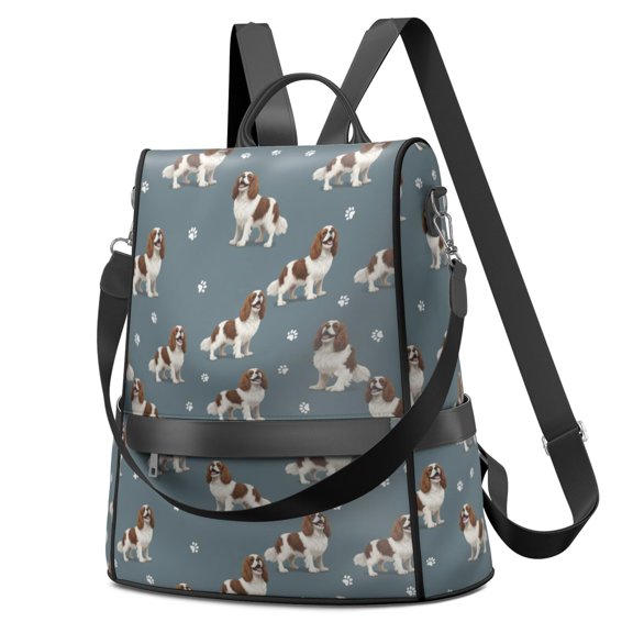 Cavalier King Charles Spaniel and Dog Paw Fashion Backpack, Convertible Shoulder Bag with Side Bottle Pockets & Convertible Strap, Multi Pockets Gifts for Women Casual Use