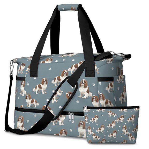 Cavalier King Charles Spaniel and Dog Paw Gym Duffel Bag 2 Piece Set, Sports Tote with Shoe Compartment & Toiletry Bag, Large Capacity Gifts for Women Men,18.5 X 8.7 X 14.2 Inches