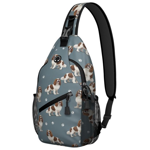 Cavalier King Charles Spaniel and Dog Paw Sling Backpack, Unisex Hiking Chest Pack with Side Mesh Pockets, Earphone Hole Port Gift Ideas for Travel Shopping Commuting