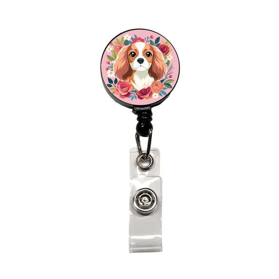 Cavalier King Charles Spaniel Dog Pink Floral Flowers Retractable Reel ID Badge Key Card Name Tag Holder with Clip