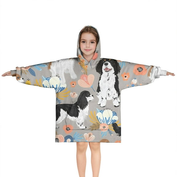 Cavalier King Charles Spaniel Dog and Flower Blanket Hoodies for Kids 6-13YR Oversize Wearable Blanket Hoodies for Boys Girls Teens