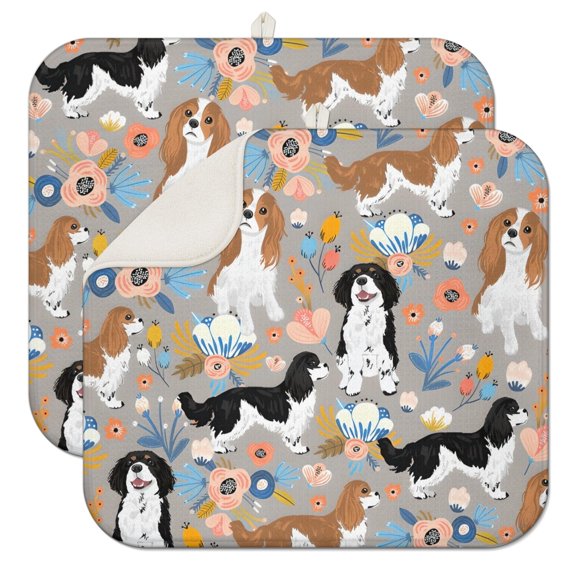 Cavalier King Charles Spaniel Dog and Flower Dish Drying Mat for Kitchen 1 Pack, Ultra Absorbent Microfiber Dishes Drainer Mats,16"x18"
