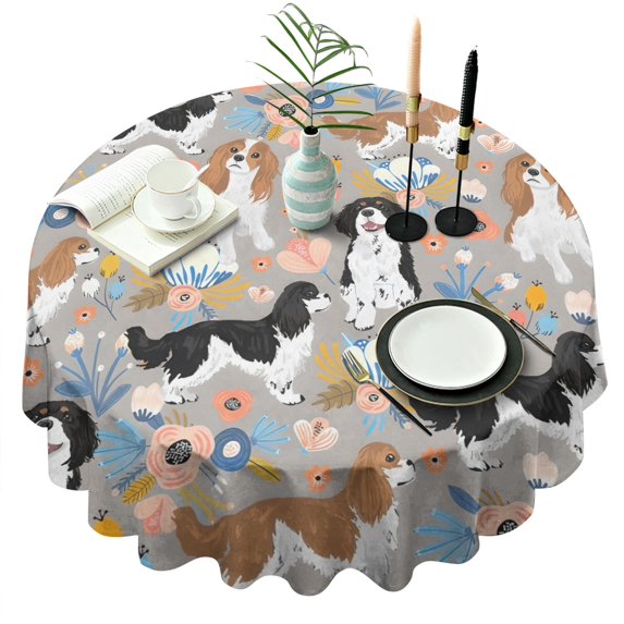 Cavalier King Charles Spaniel Dog and Flower Round Tablecloth 60"x60",Wrinkle Wipeable Table Cloth for Kitchen Dining Room Picnic Patio Party