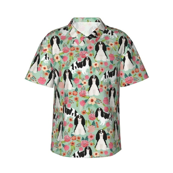 Cavalier King Charles Spaniel Dogs Lovers Flower Floral Men'S 3d Print Casual Button Down Shirts, Novelty Hawaiian Short Sleeves S