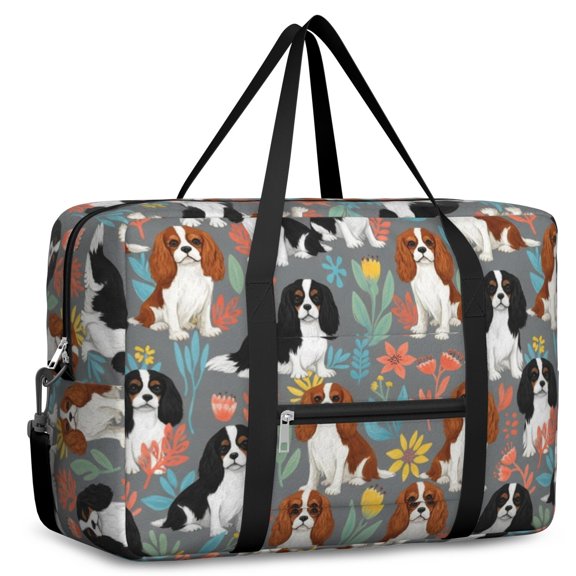 Cavalier King Charles Spaniel and Floral Foldable Travel Duffel Bag, Airline Personal Item Bag with Front Pocket & Trolley Strap, Tear Resistant Gifts for Birthday Christmas Thanksgiving