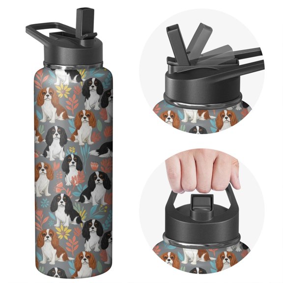 Cavalier King Charles Spaniel and Floral Insulated Water Bottle with Straw, Vacuum Insulated Stainless Steel Drink Container Built-in Carry Handle Gifts Ideas for Teens Adults Office Workers Teachers