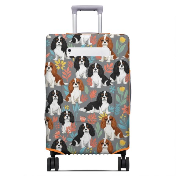 Cavalier King Charles Spaniel and Floral Luggage Cover,Stretch Travel Baggage Protector with Front Storage Pocket, High Elasticity Gift Ideas for Students Professionals,S