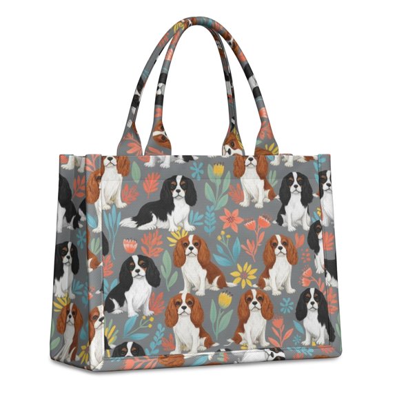 Cavalier King Charles Spaniel and Floral Tote Bag, Shopping Handbag with Interior Pockets & Top Handle, Smooth Zipper Gifts for Women Men,15.7 X 5.1 X 13 Inches