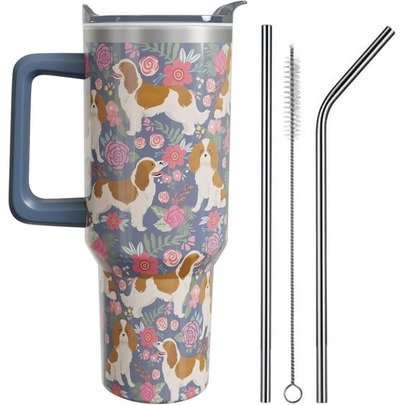 Cavalier King Charles Spaniel Gifts for Women Dog Lovers 40 oz Floral Cavalier King Charles Spaniel Tumblers with Handle and Straw, Stainless Steel Vacuum Insulated Travel Coffee Mug Cup Water Bottle