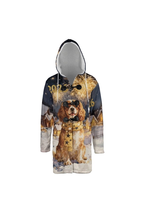 Cavalier King Charles Spaniel Happy New Year 2026 with Fireworks on New Year's Eve All Over Print 3D Hooded Duffle Toggle Coat Dog Lover Gifts - 12022