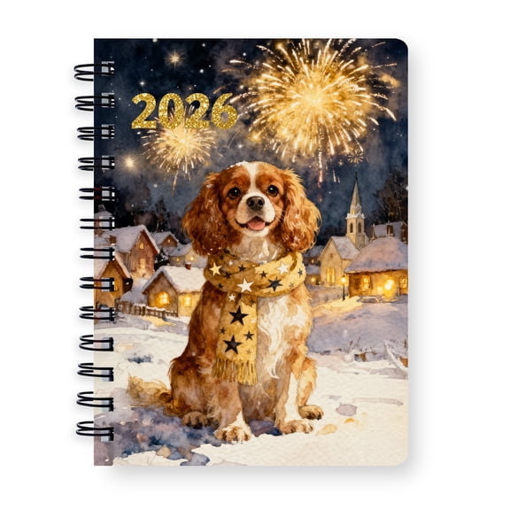 Cavalier King Charles Spaniel Happy New Year 2026 with Fireworks on New Year's Eve Spiral Bound Journal Dog Lover Gifts 5x7in Spiral Notebook - 12022
