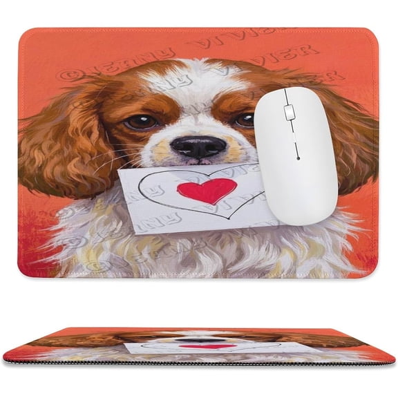 Cavalier King Charles Spaniel with Heart Mouse Pad 8x10 in Size, Stitched Edges Computer Mouse Pad with Smooth Cloth Surface, Charming Spaniel Puppy Heart Artwork for Office Desk Accessories