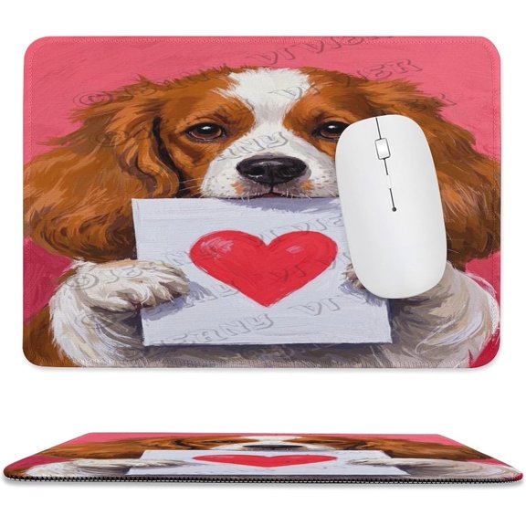 Cavalier King Charles Spaniel with Heart Mouse Pad 8x10 in, Premium Stitched Edge Computer Mousepad with Smooth Tracking Surface and Non-Slip Rubber Bottom, Cute Spaniel Puppy Heart Artwork