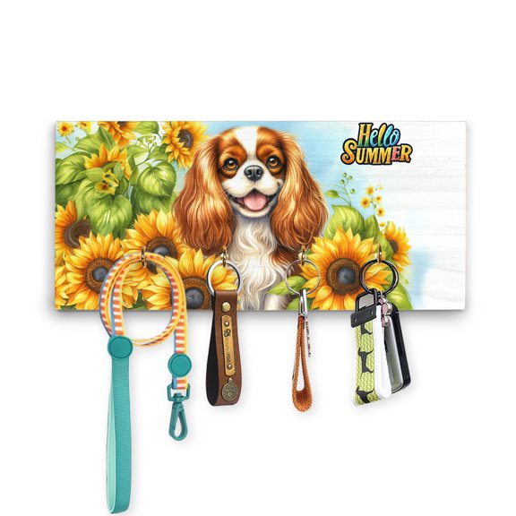 Cavalier King Charles Spaniel Hello Summer Sunshine Sunflowers Spring retro vintage Wood Key Holder Dog Lover Gifts Wall-mounted Key Rack Home Decor - 00008